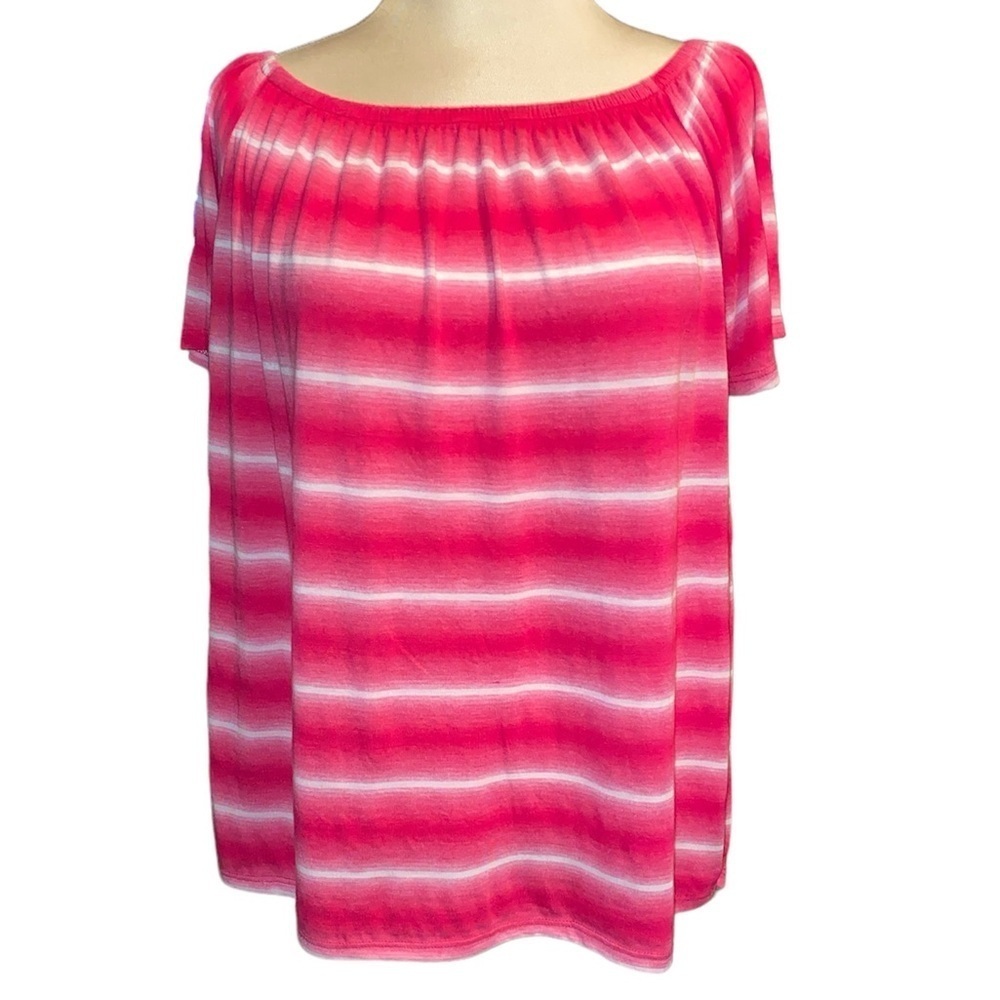 Fantastic Fawn blouse wide neckline shirt sleeves loose stripes Sz LG